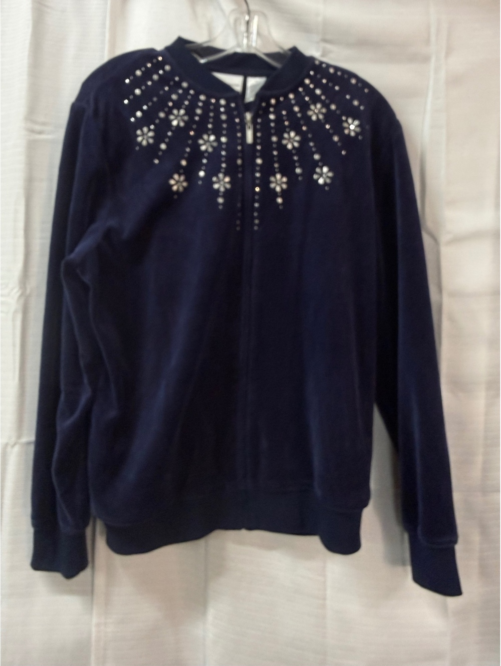 Alfred Dunner Navy Blue Velvet Full Zip Sweatshirt with Studded Detail Size 12